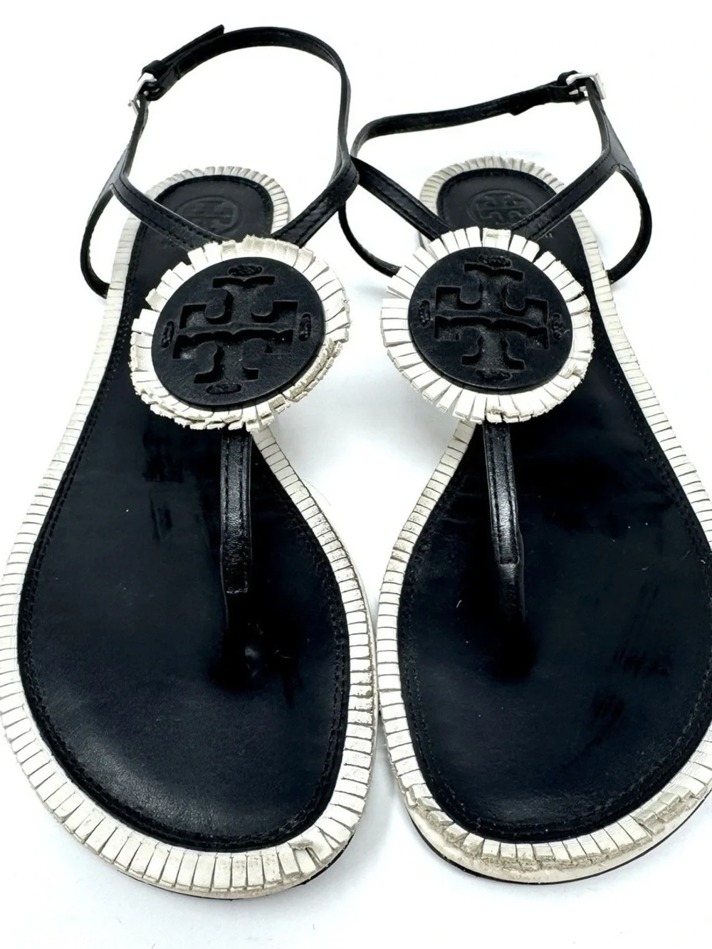 Tory Burch Size 8M Black and White Logo T-Strap Sandals. Box& Dust bag included